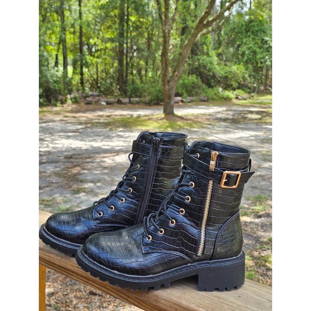 Catherine Malandrino Katherine Black Croc Embossed Combat Boots Moto Ankle 9